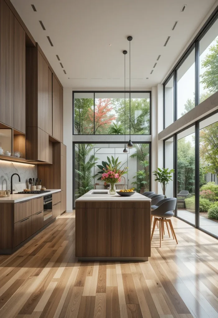 Modern Open Kitchen, Floor-to-Ceiling Wood Cabinets, Bright