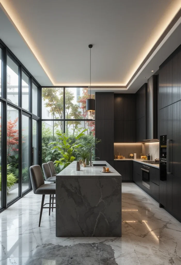 Modern Black Kitchen, Open Design, Bright with Large Windows