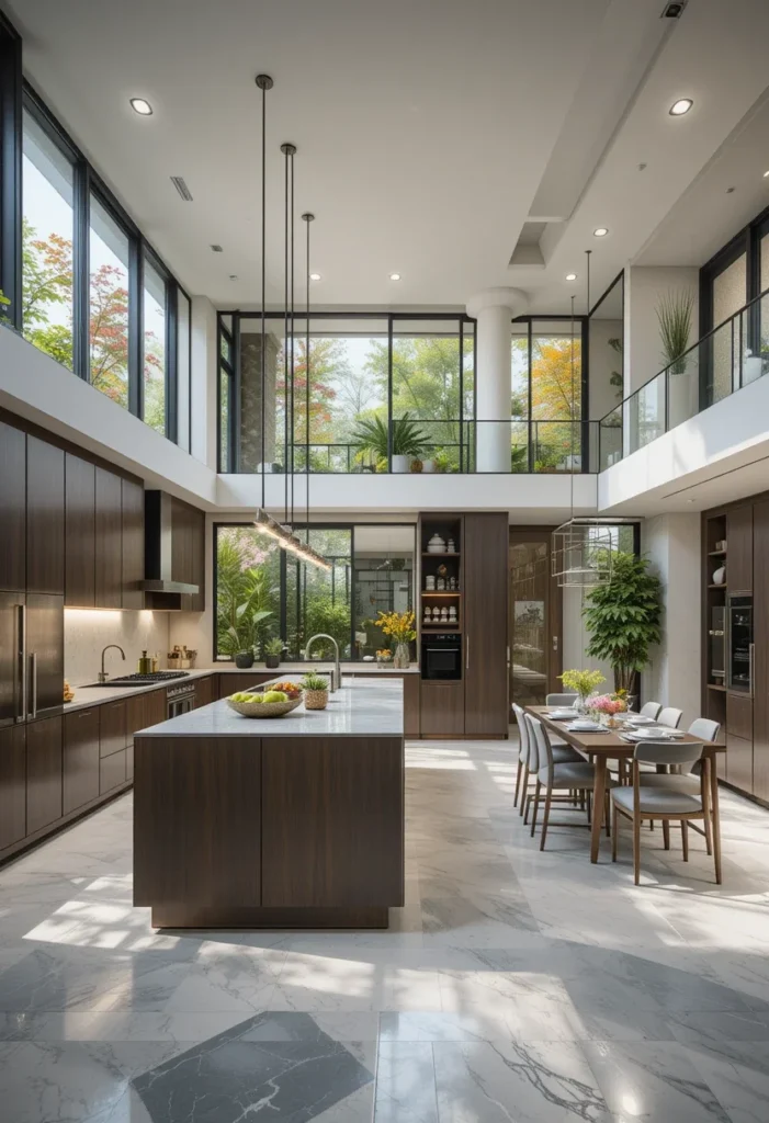 Modern Open Kitchen and Dining, Multi-Level, Dark Wood, Bright