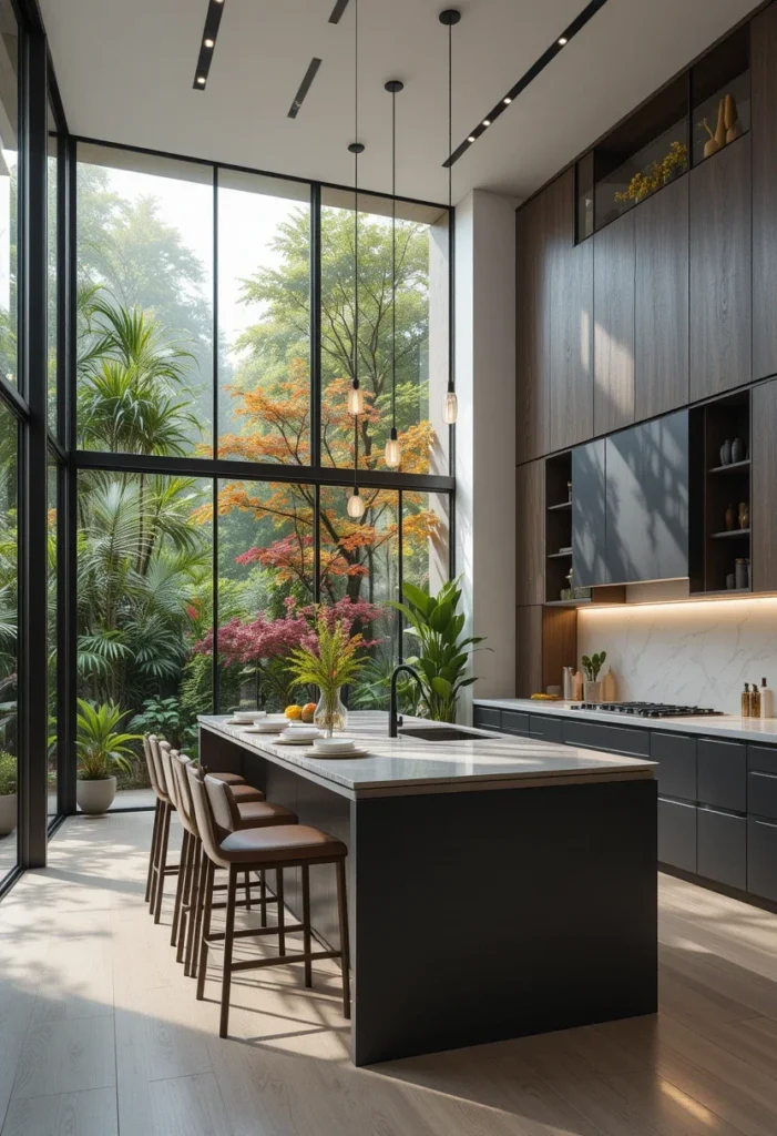 Modern Open Kitchen, Large Windows, Green View, Dark Cabinets