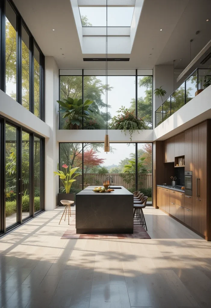 Modern Open Kitchen, Skylight, Dark Island, Bright, Airy