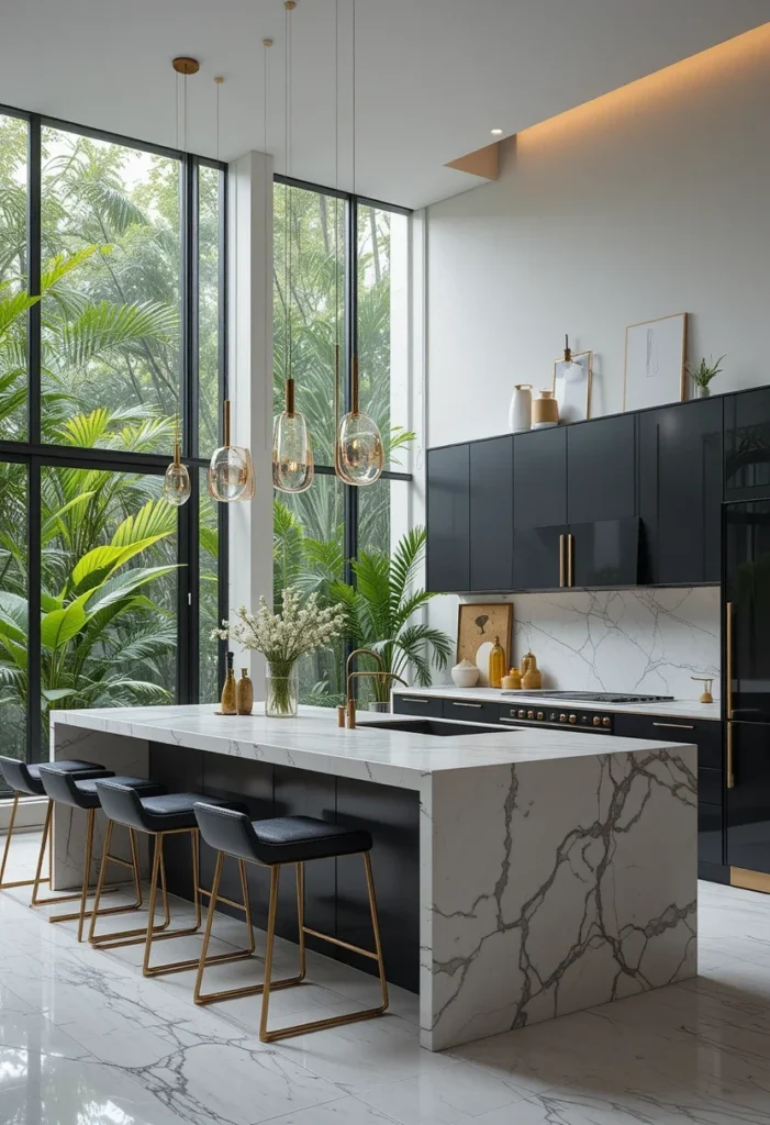 Modern Airy Kitchen, Calacatta Marble Island, Black Cabinetry