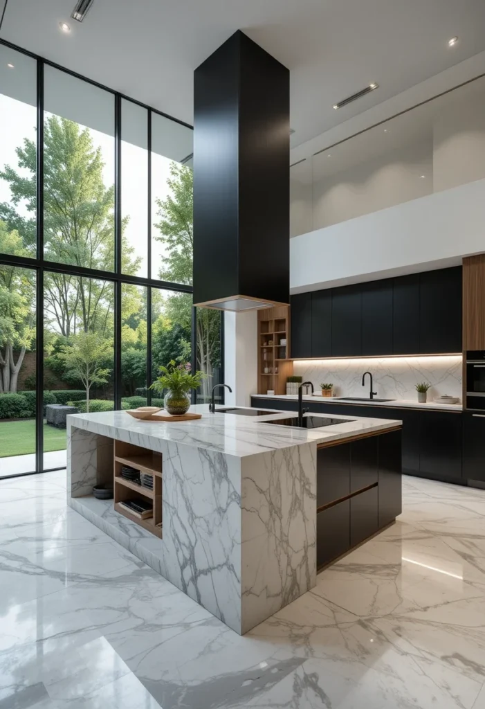 Modern Kitchen, Bold Range Hood, Large Island, Bright Space