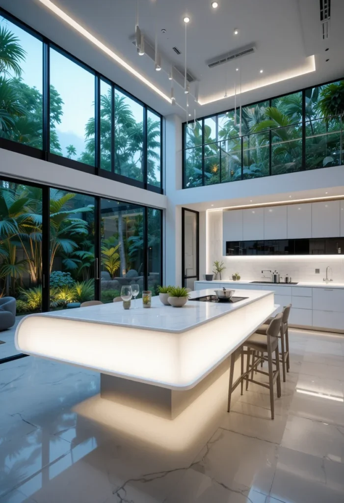 Modern White Kitchen, Illuminated Island, Bright with Large Windows