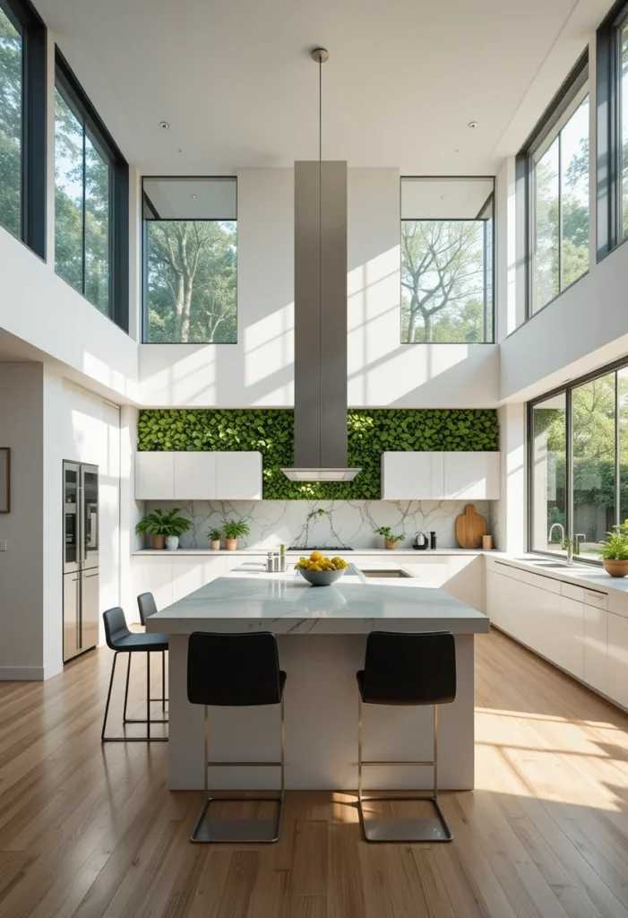 Modern White Kitchen, Green Wall, Large Windows, Bright