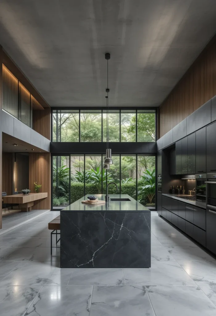 Industrial-Chic Open Kitchen, Concrete Ceiling, Dark Island, Large Windows