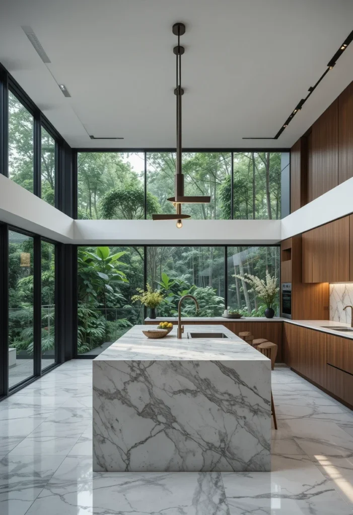 Bright Modern Kitchen, Calacatta Marble Island, Wood Cabinets, Large Window