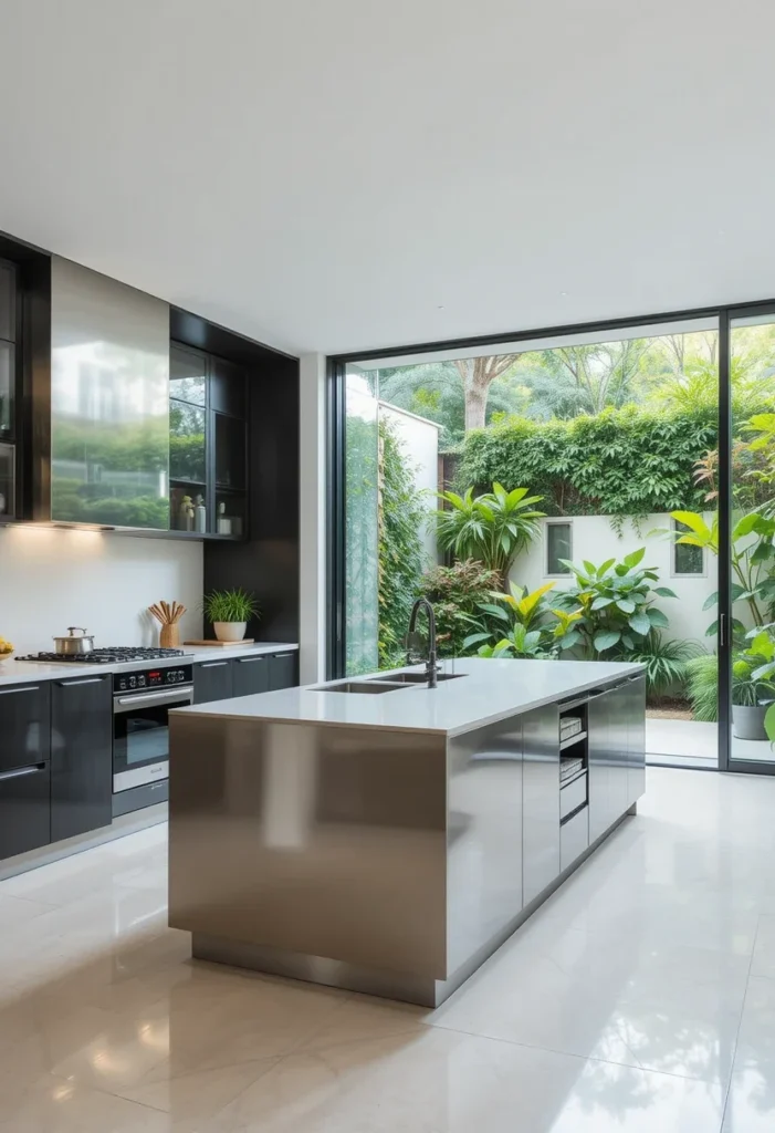 Modern Open Kitchen, Stainless Steel Island, Sliding Glass Doors, Bright