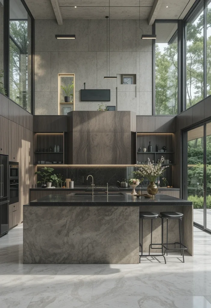 Modern Open Kitchen, Concrete Walls, Stone Island, Large Windows