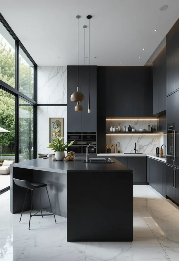 Minimalist Modern Kitchen, Dark Island, Marble Backsplash, Bright