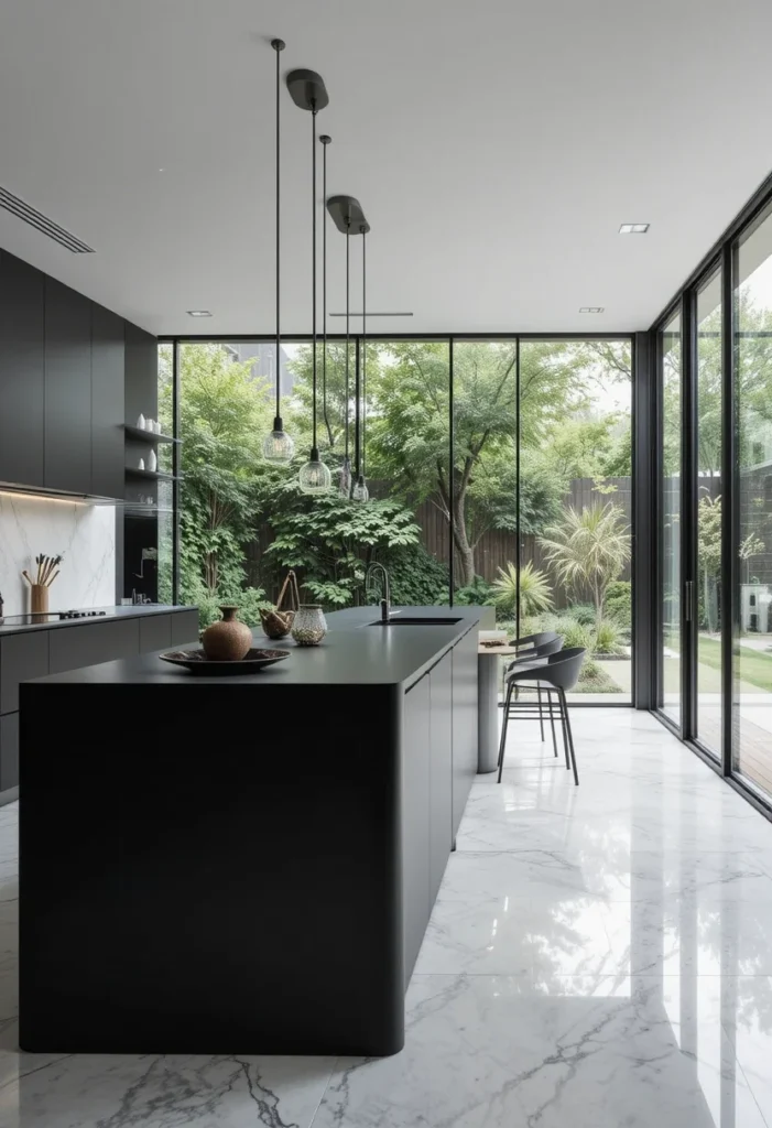 Modern Black Kitchen, Large Windows, Garden View, Bright