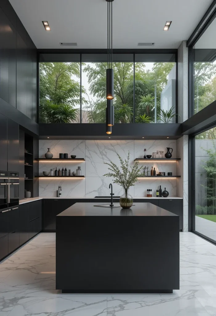 Modern Black Kitchen, Large Windows, Garden View, Bright