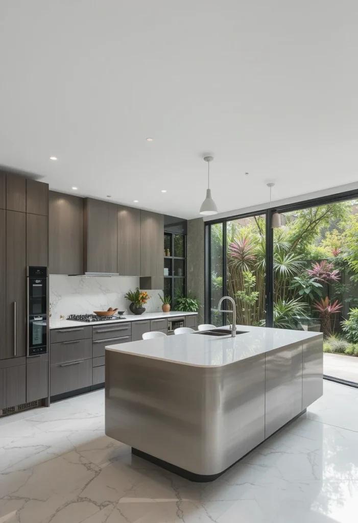 Modern Kitchen, Rounded Island, Neutral Cabinetry, Bright, Open