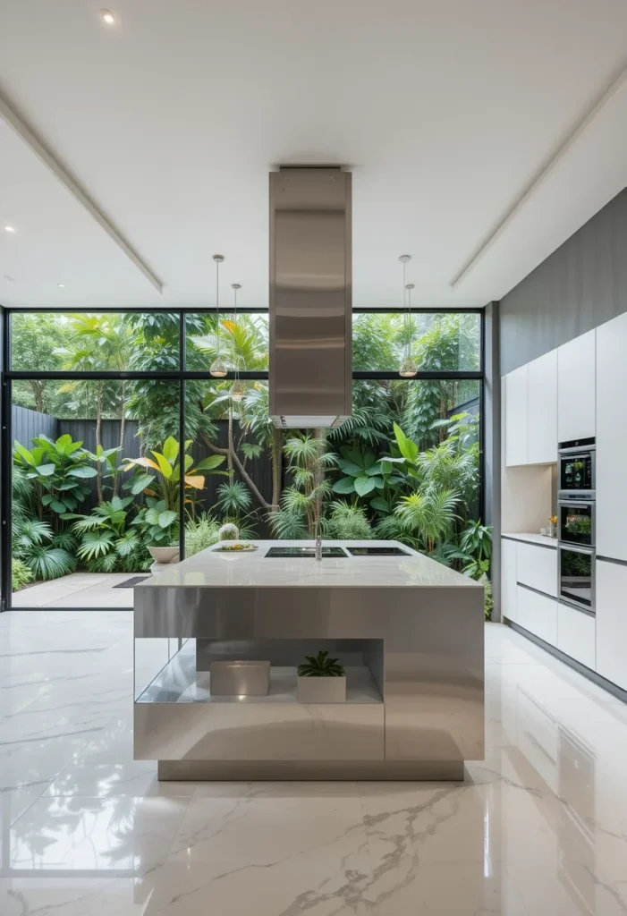 Modern Kitchen, Stainless Steel Island, White Cabinets, Garden View