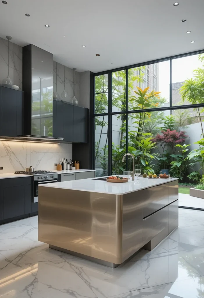 Modern Open Kitchen, Metallic Island, Garden View, Bright, Airy