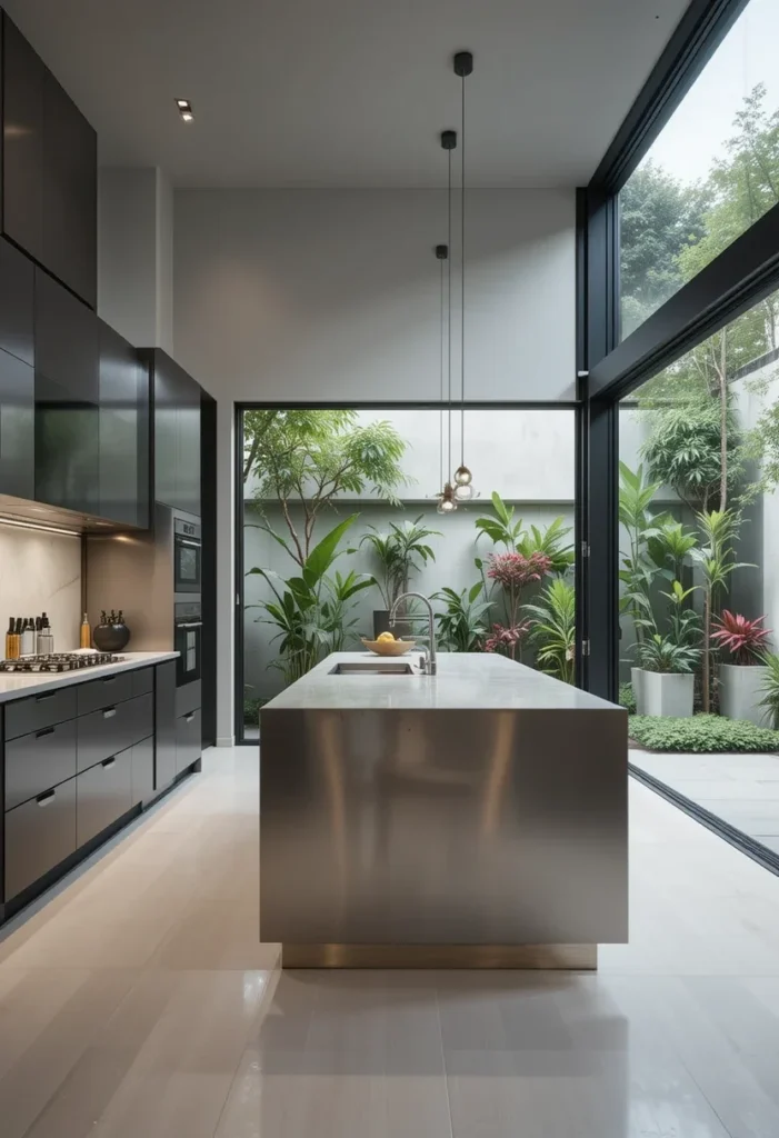 Modern Kitchen, Stainless Steel Monoblock Island, Minimalist, Garden View