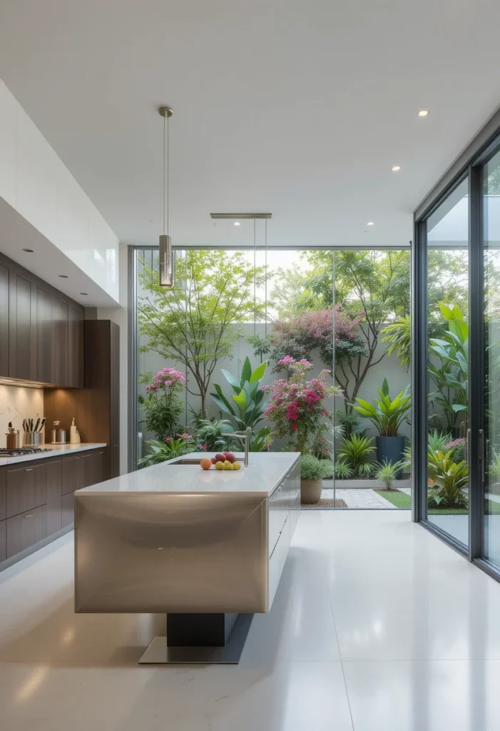 Modern Open Kitchen, Metallic Island, Tropical Garden View, Bright