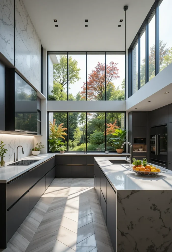 Modern U-Shaped Kitchen Design, Bright and Airy with High Ceilings