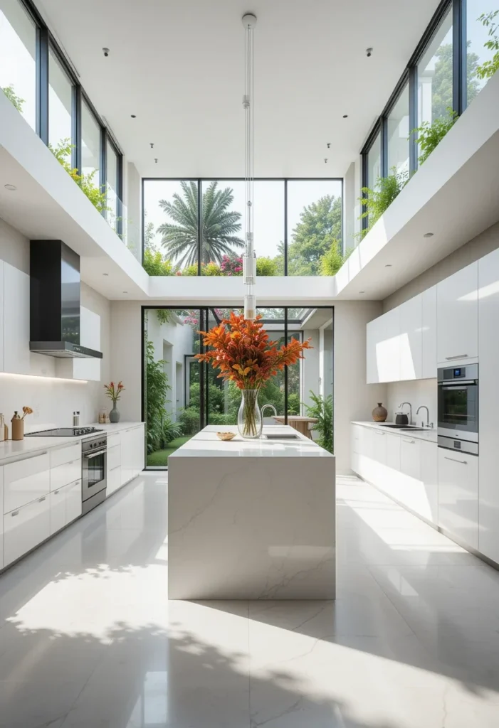 All White Modern Open Kitchen, Minimalist Design, Very Bright