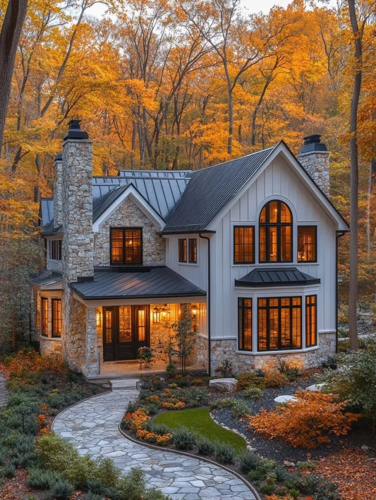 Modern farmhouse with stone accents, surrounded by fall foliage, curved stone pathway.