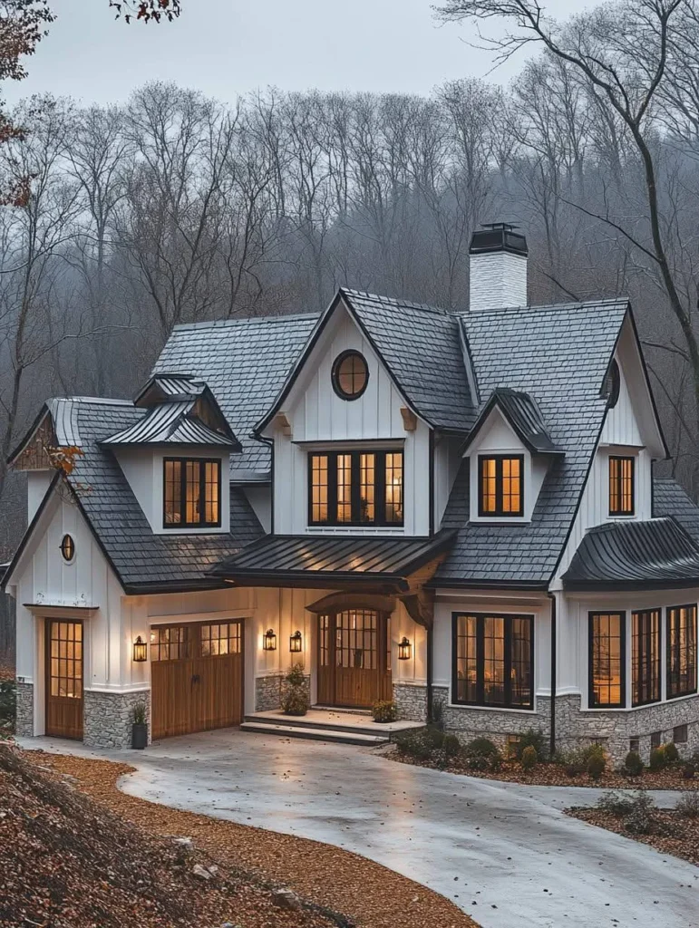 Modern farmhouse at twilight with white siding, wood garage doors, stone accents, exterior lighting.