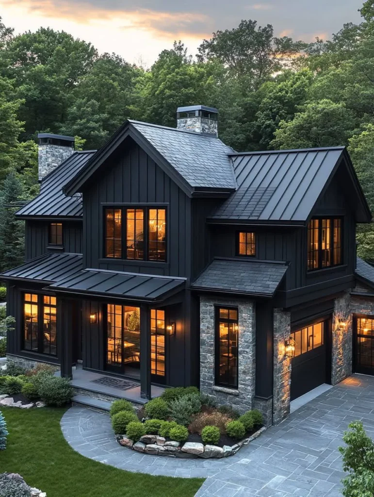 Black modern farmhouse with metal roof, stone accents, and warm exterior lighting.