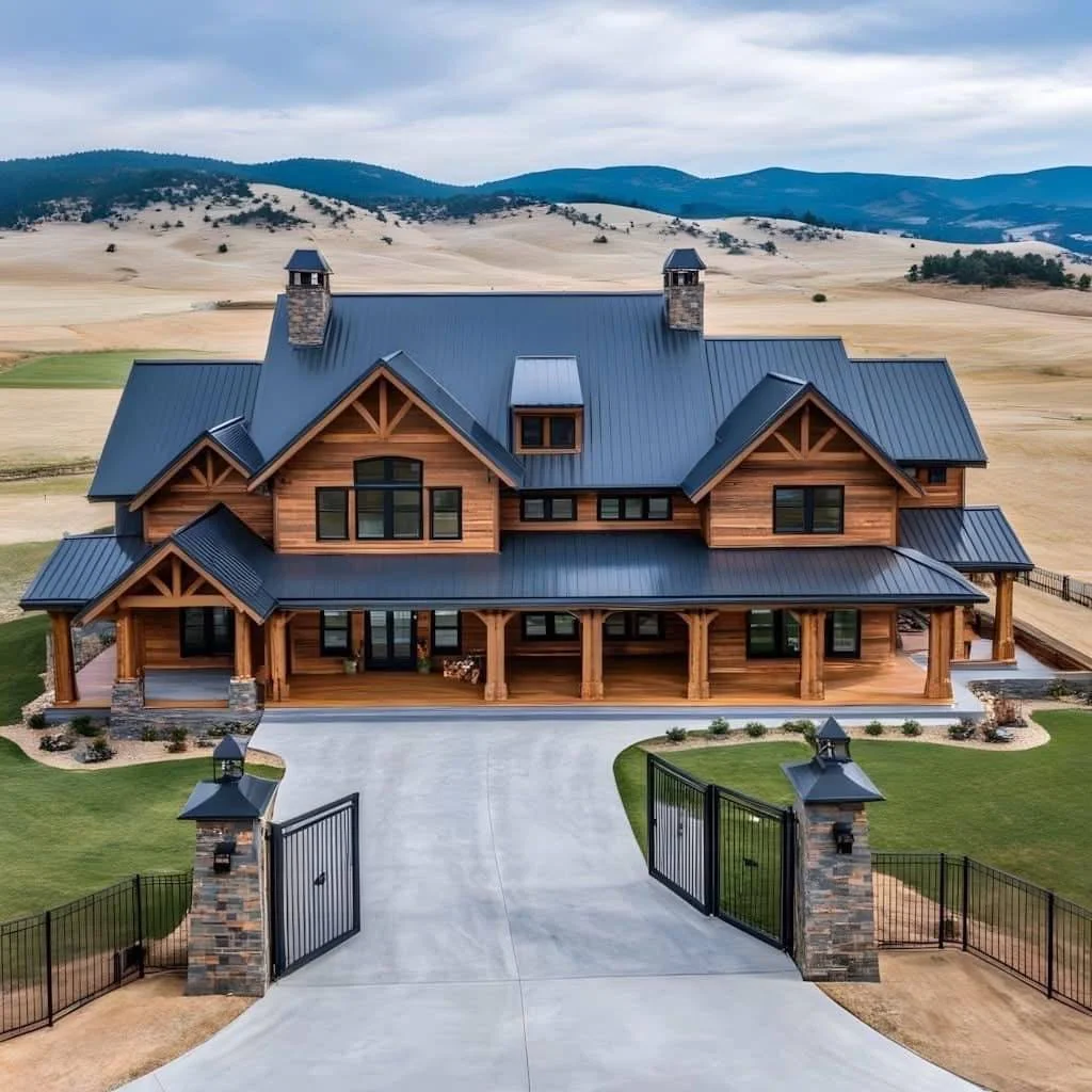 Modern farmhouse ranch with wood siding, metal roof, large porch, gated entrance, mountain views.