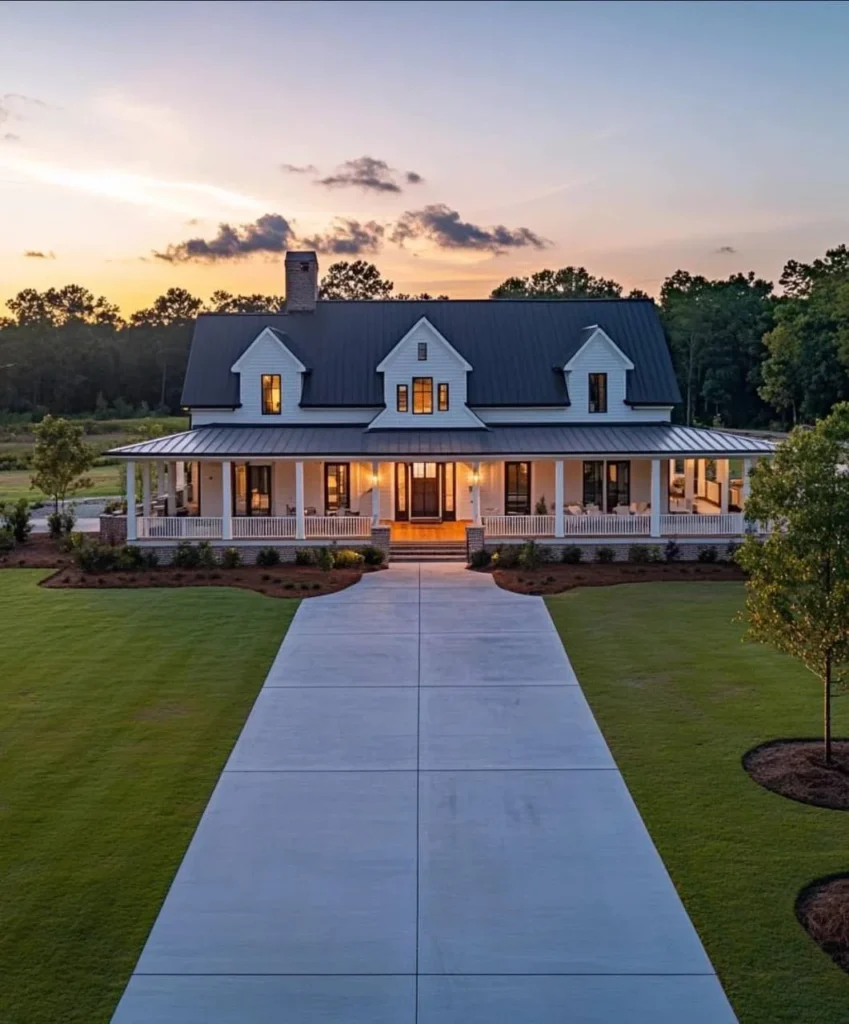 Modern farmhouse with wrap-around porch, long driveway, symmetrical design at sunset.