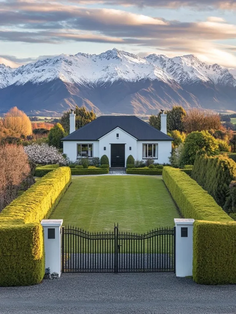 Modern farmhouse with mountain views, manicured hedges, gated entrance, black and white exterior.