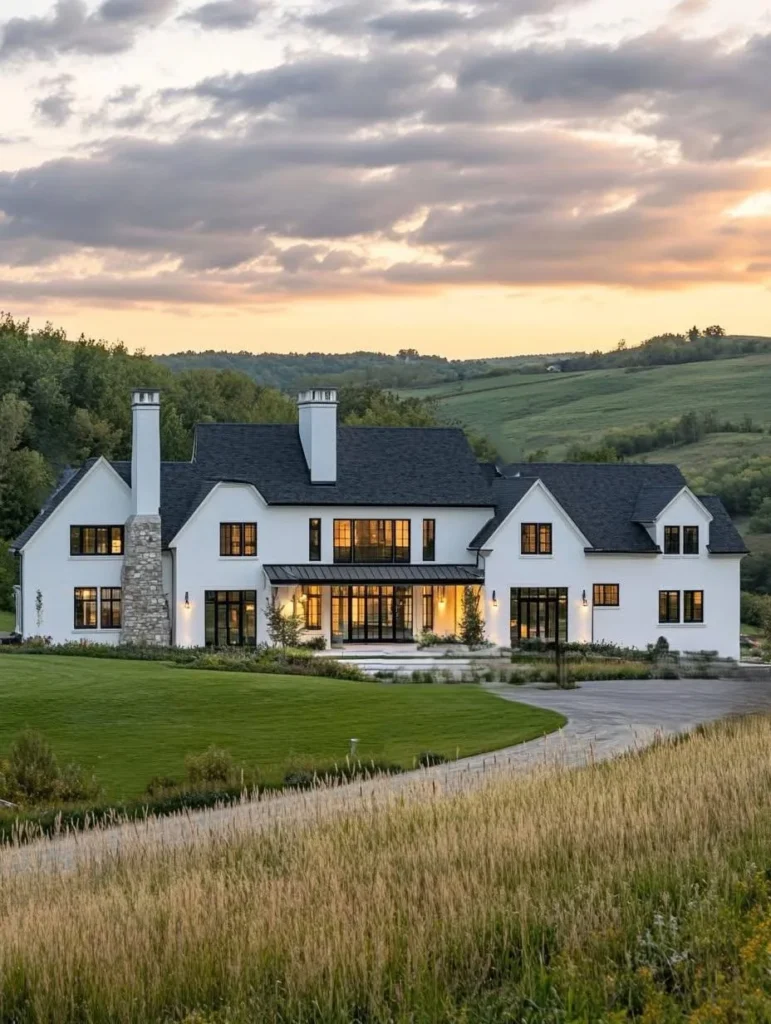 White modern farmhouse with black trim, stone chimneys, long driveway, country setting.