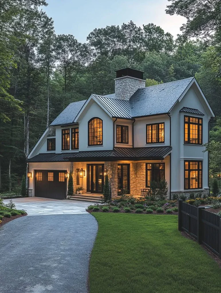 Modern farmhouse with stone exterior, metal roof, dark trim, elevated porch, and grand staircase.