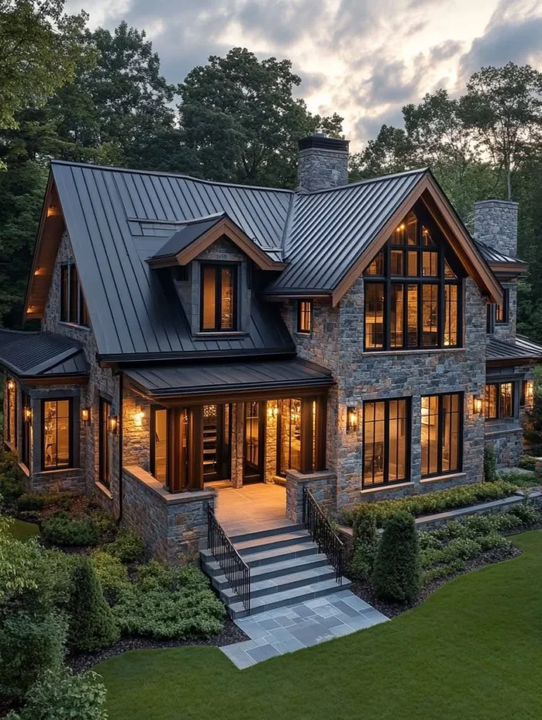 Modern farmhouse with large windows, dark siding, stone foundation, covered patio, indoor-outdoor living.