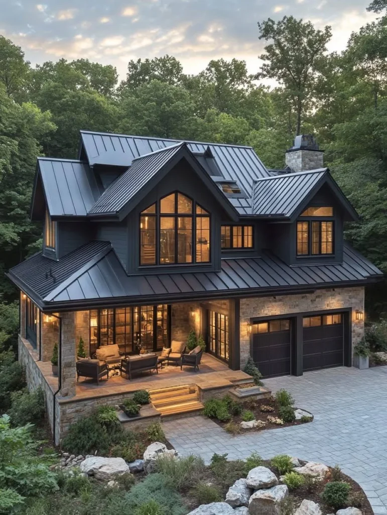 Aerial view of a modern farmhouse with black and white exterior, circular driveway, surrounded by fall foliage.