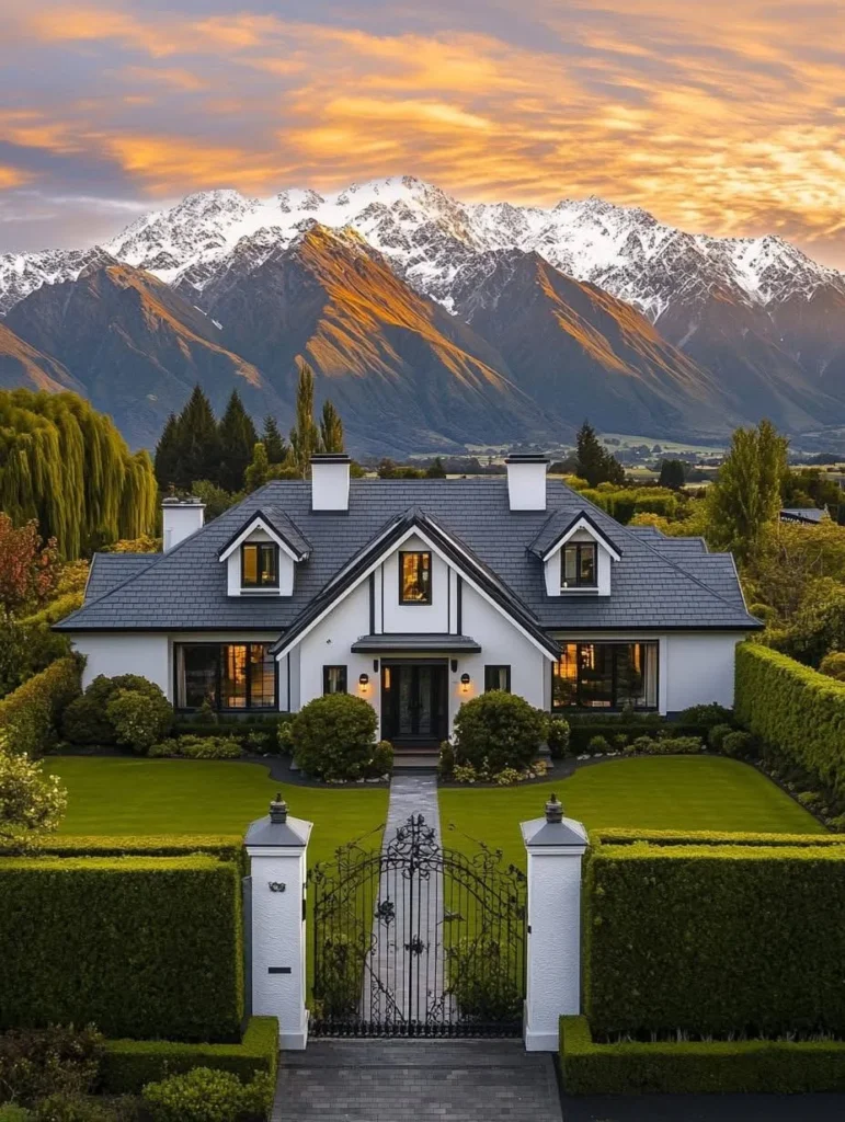 Modern farmhouse with symmetrical design, white siding, black trim, gated entrance, mountain backdrop, sunset sky.