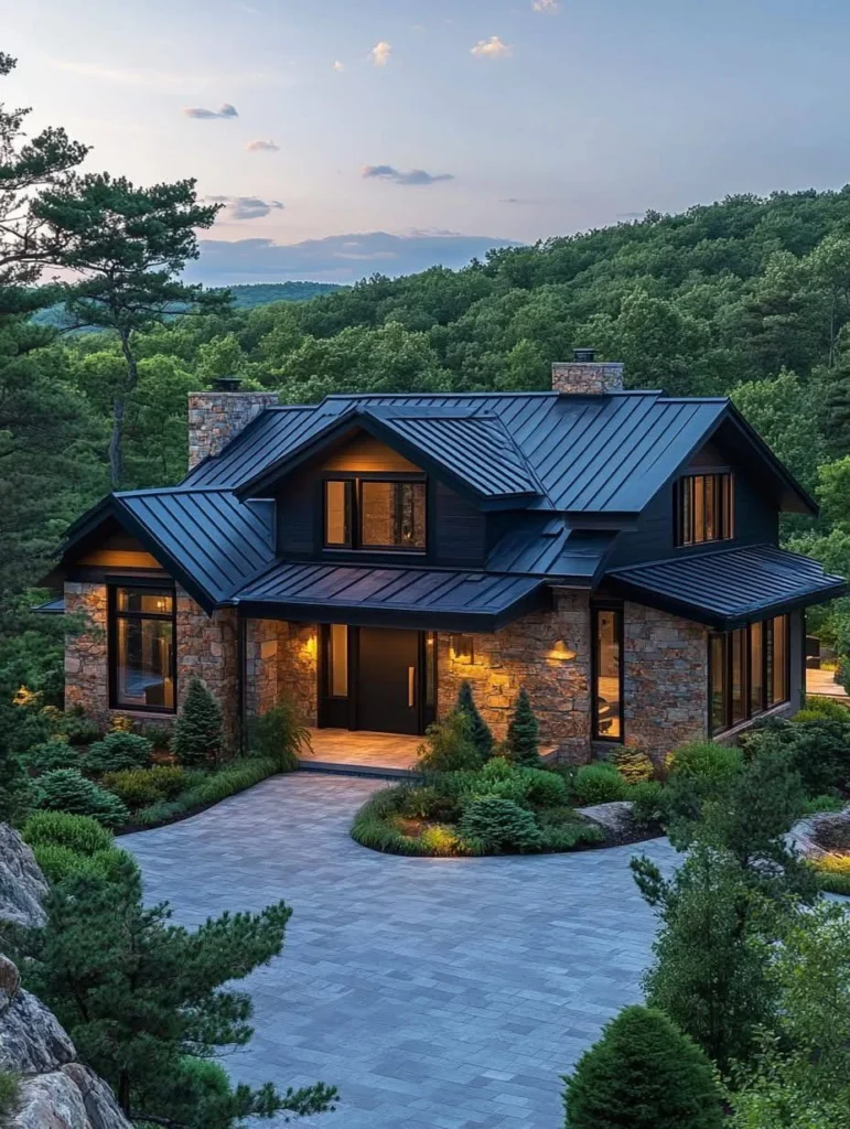 Modern farmhouse on a hill with stone accents, metal roof, dark trim, surrounded by trees.