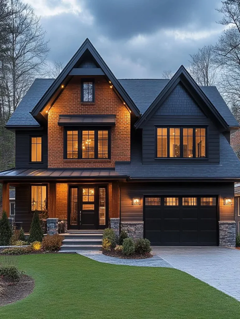 Modern farmhouse with brick accents, dark siding, stone foundation, black garage door, exterior lighting.