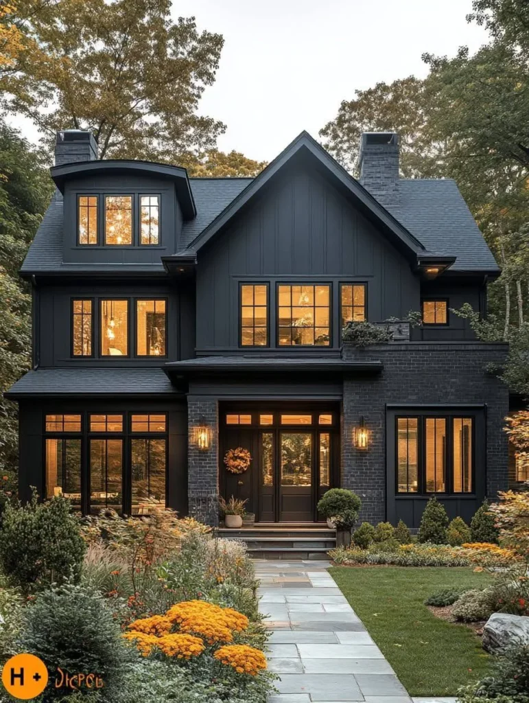 Black modern farmhouse with large windows, surrounded by trees and landscaping, walkway to front door.