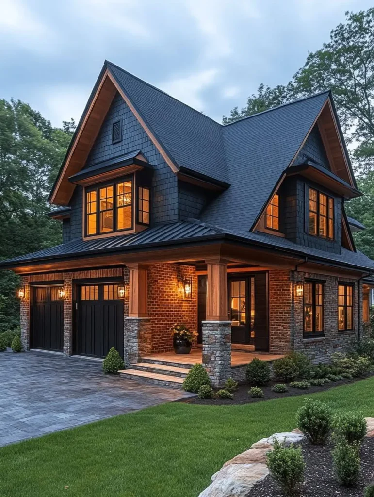 Modern farmhouse with covered front porch, brick and dark siding, wood accents, stone column bases.