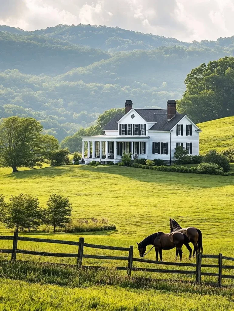 White modern farmhouse with wrap-around porch, black shutters, horses in pasture, rolling hills in background.