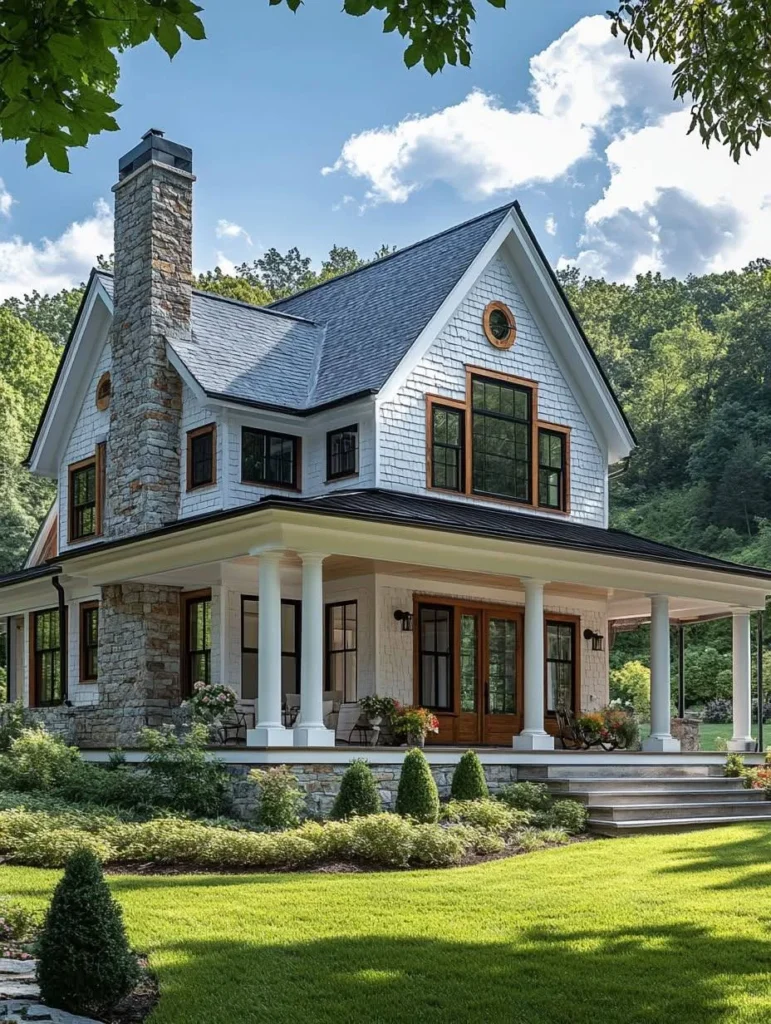 Two-story modern farmhouse with wrap-around porch, stone chimney, large windows, summer setting.