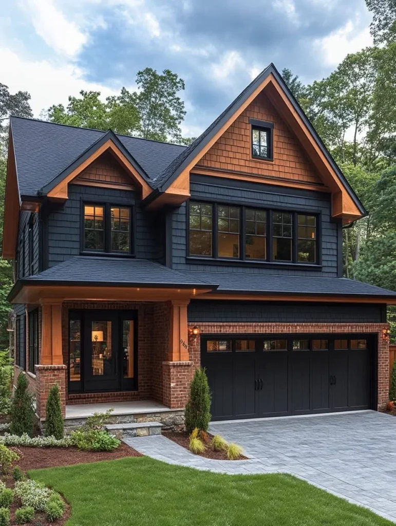 Dark modern farmhouse with black siding, wood accents, brick details, and black garage door.