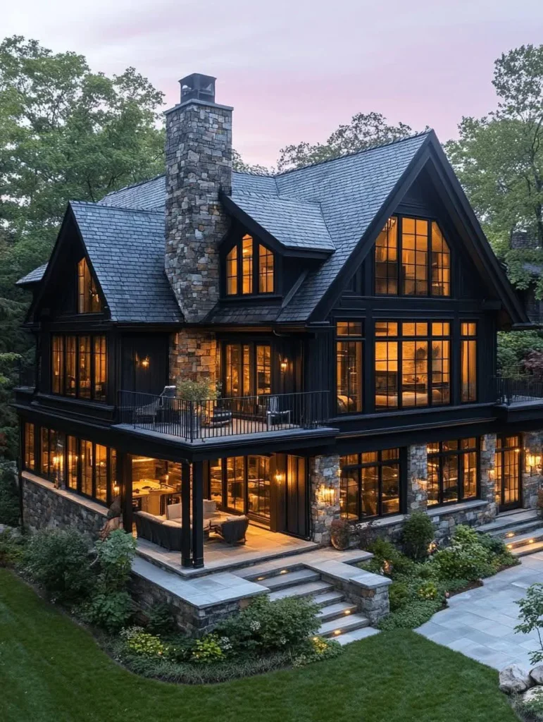 Modern farmhouse with stone accents, large windows, multi-level design, outdoor living space.