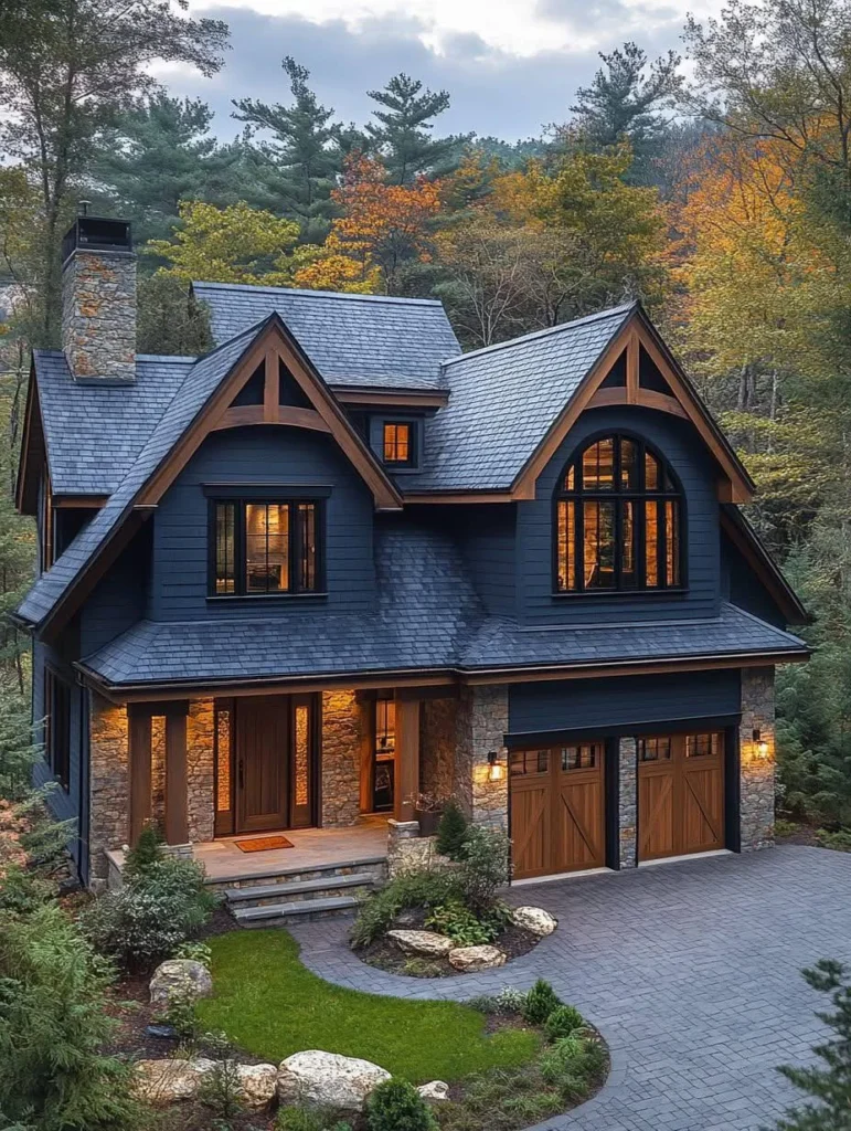 Mountain modern farmhouse with dark siding, wood and stone accents, surrounded by trees.