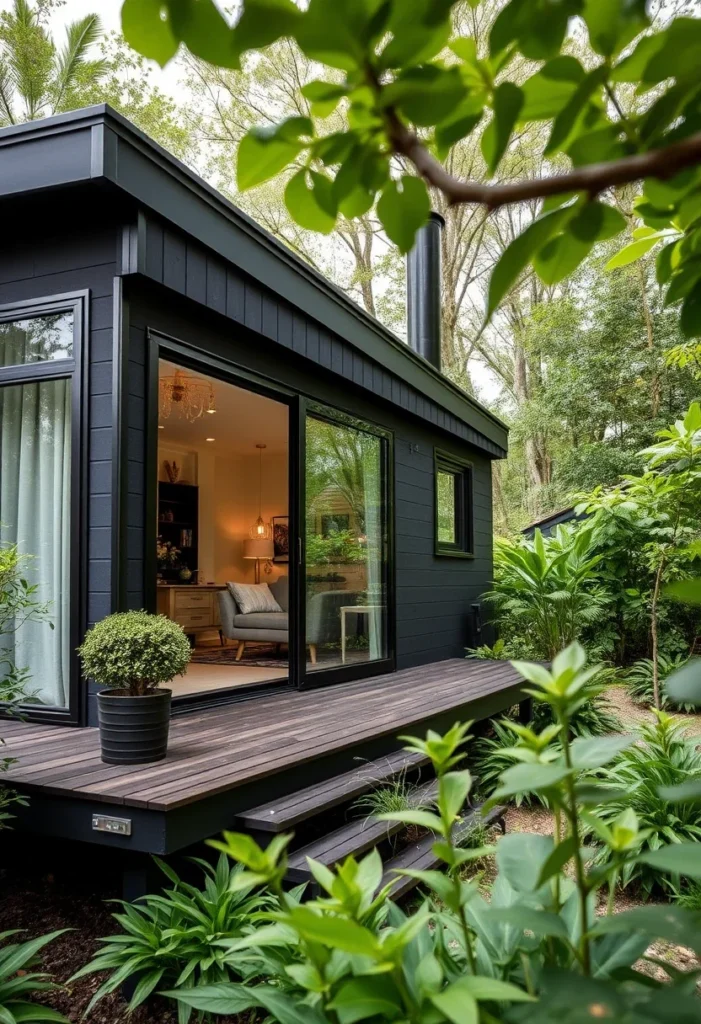 Modern tiny house with large glass doors and dark exterior, inspiring downsizing design.