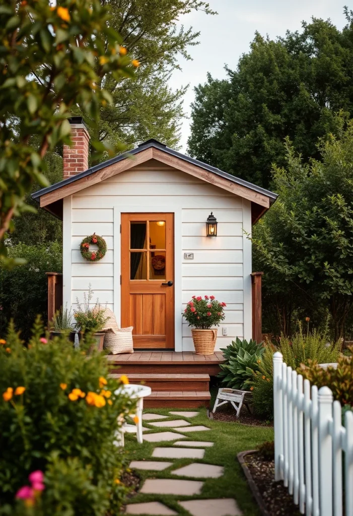 Farmhouse-style tiny house with white siding, metal roof, and a welcoming front porch