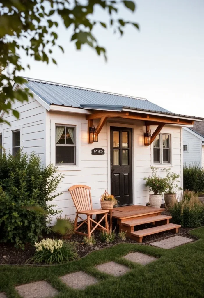 Tiny house with white siding and natural wood trim, showcasing a bright and airy design.