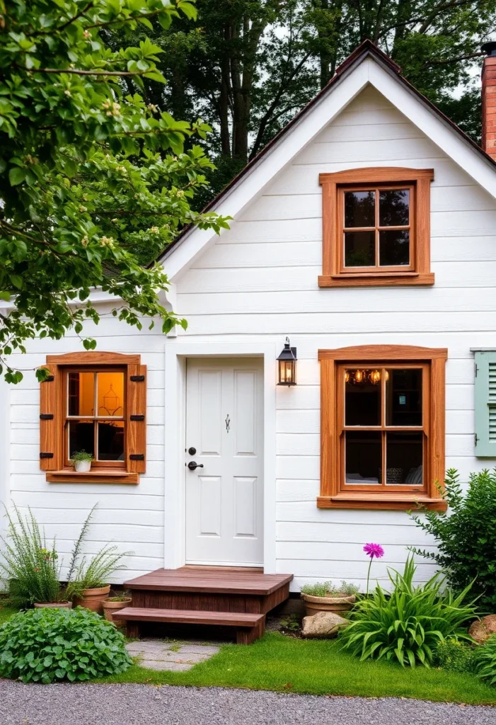 Two-story tiny house with a balcony, showcasing efficient use of space and modern design.