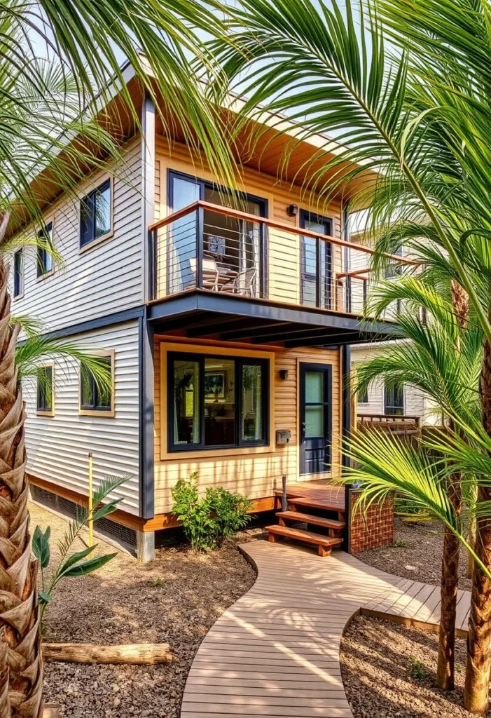 Modern multi-story tiny house with a balcony and covered lower level, maximizing vertical space.