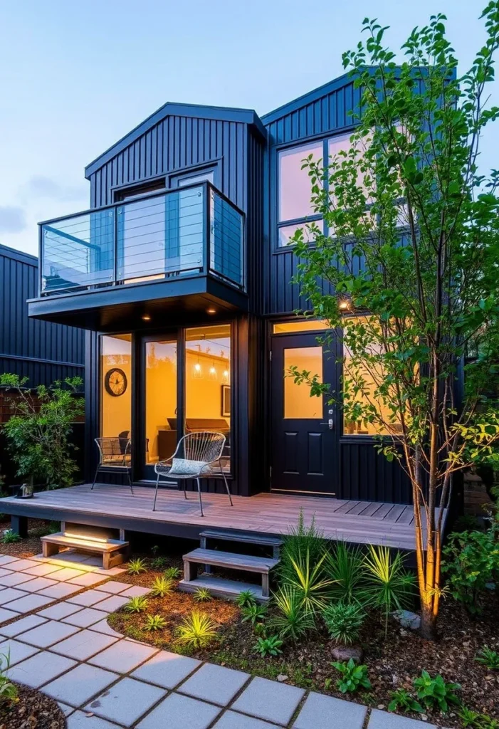 Modern tiny house with large glass doors, balcony, and deck, promoting seamless indoor-outdoor living.