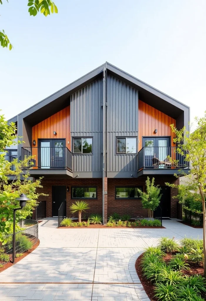 Symmetrical tiny house duplex with metal siding, wood accents, and balconies, showcasing modern design.